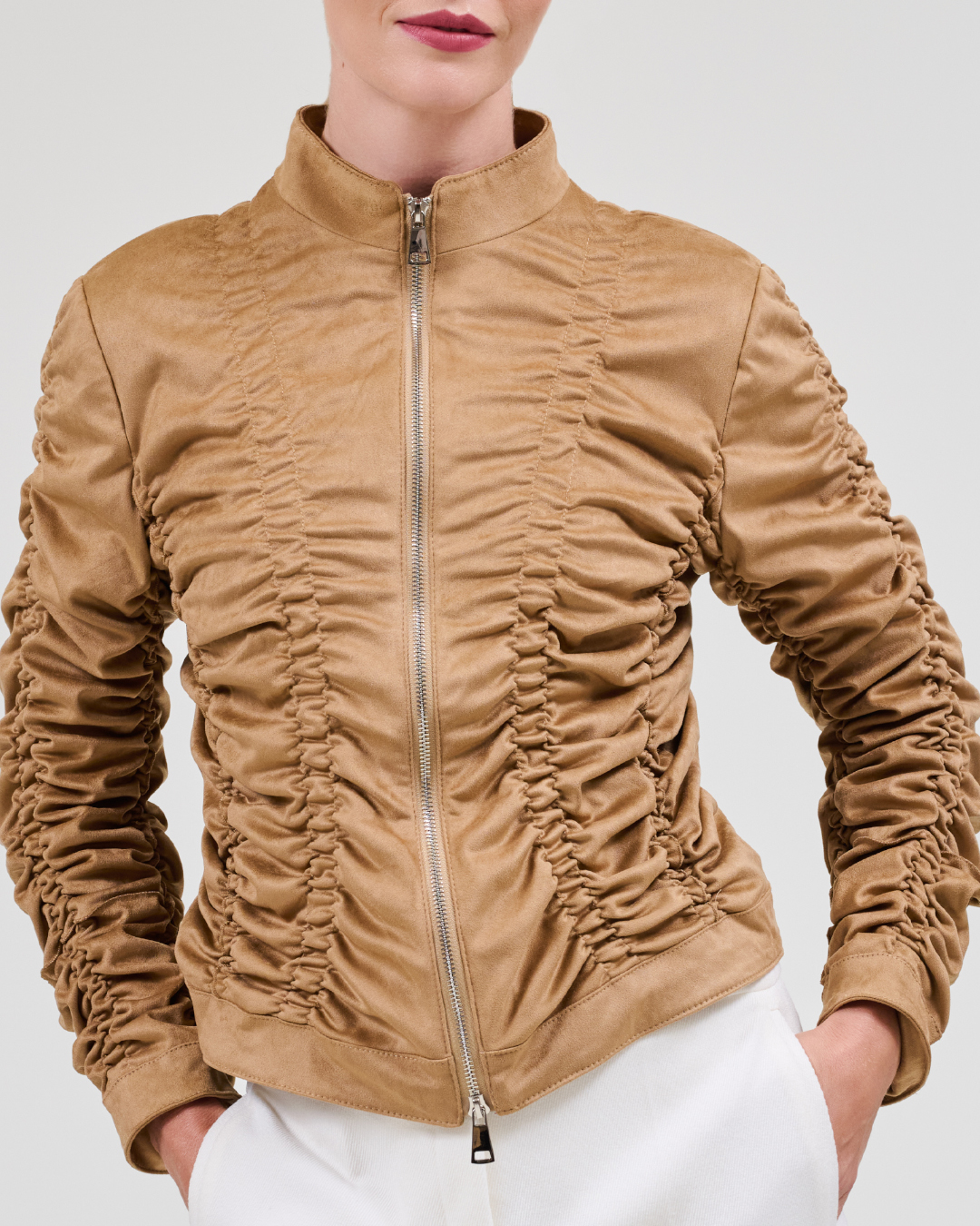Veste zippée en suédine camel